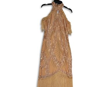 Cutout Crew Neck Fringe Flapper Dress, Champagne Color, Size Medium